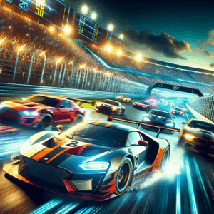 Picture an exhilarating scene from an online car game. Several high-speed cars, both classic and modern, race down a digitally crafted track. In the midst of the race, one car performs an impressive drift around a sharp corner. There's a cheering crowd in the background, and a vast digital scoreboard displays current race standings and statistics. Bright colors and advanced computer graphic techniques make the scene look vividly realistic, capturing the competitive spirit and excitement of online car racing games. Visual effects like motion blur and light trails enhance the sense of speed and motion.