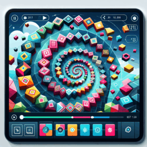 Capture a vibrant image of an animated online puzzle game. The game screen should be filled with colorful geometric shaped pieces, like squares, hexagons, and triangles. They spiral out from the center in a kaleidoscope fashion, signifying the organized chaos of the game. On the edge of the screen, include detailed game controls, indicating the interactive nature of the game. On the top of the screen, display a toolbar with icons, demonstrating different functionalities such as pausing, restarting or solving the puzzle. The game should have a playful yet sophisticated allure, resonating with both children and adults.