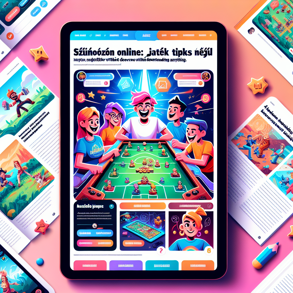 An entertaining online multiplayer game with a user-friendly interface, available for everyone to play without downloading anything. Imagine the screen filled with vibrant colors, showcasing a multitude of game modes for variety. The main focus could be a joyous cartoon avatar, enjoying the game. Include visual elements representing game tips and strategies, implying an educational aspect along with fun. An illustrated tutorial or guide might hover near the avatar. The article title 'Színözön Online: Játék Tippek Letöltés Nélkül' could be emblazoned at the top or bottom in eye-catching typography.