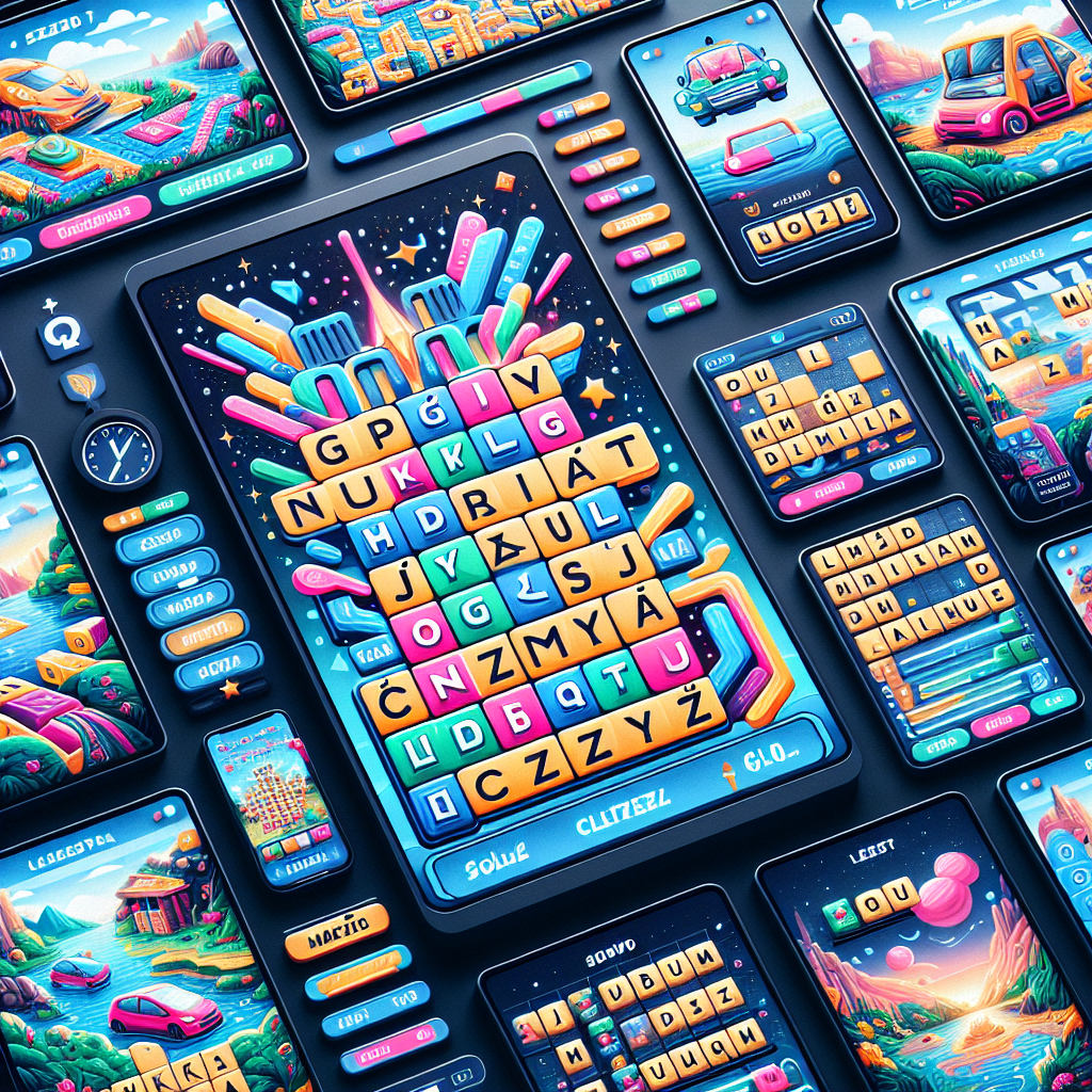 A tempting scene of engaging online word games in Hungarian language on several digital screens. Each screen displays lively graphics reflecting different linguistic elements. The games presents letters in a vibrant palette of colors arranged in grids, lines, and clusters. Some puzzles are solved, showing completed words in Hungarian, while others are mid-way through the game, with highlighted vacant spaces beckoning the players. Include elements such as a timer, progress bars and other interactive features conveying the real-time experience of the gameplay.