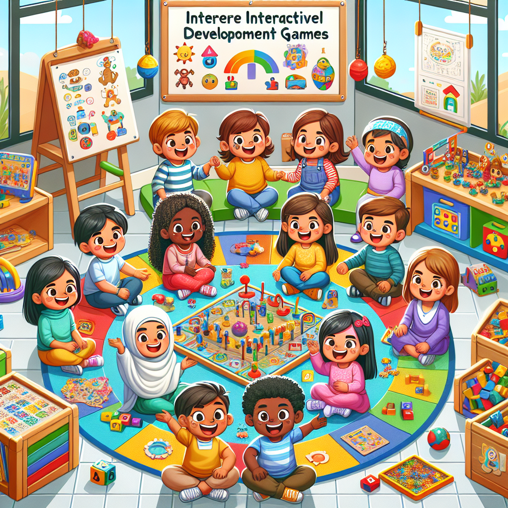 Create an image representing a variety of interactive developmental games for children aged between 3-5 years. The scene should showcase smiling children from various descents such as Middle-Eastern, Hispanic, Caucasian, and South Asian enthusiastically engaging with colorful toys, puzzles, and educational board games. The environment should be vibrant, filled with learning materials and a secure indoor play area. Illustrate the concept of fun, learning, and development through playful interactions and a friendly atmosphere.