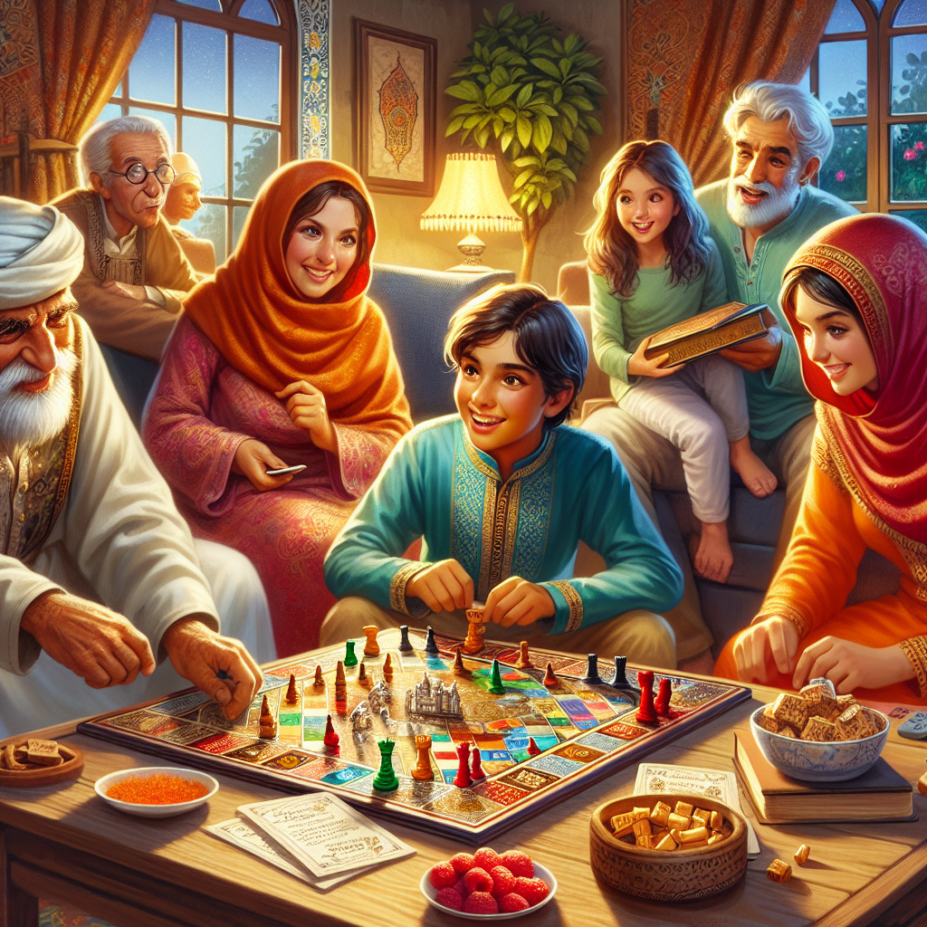 Illustrate an enchanting scene of a diverse group enjoying a board game evening. The scene should feature people of different ages from children to seniors engaging in playful competition. The board game should be richly colored and intricately designed, luring the viewer into the tantalizing world of strategy, adventure, and camaraderie that tabletop games offer. Depict a Middle Eastern elderly woman, a Caucasian father, a Hispanic teenage girl, and a South Asian young boy in this captivating setting, sharing laughter and excitement together. The surroundings should be homely and comfortable, with snacks and refreshments on a nearby coffee table.