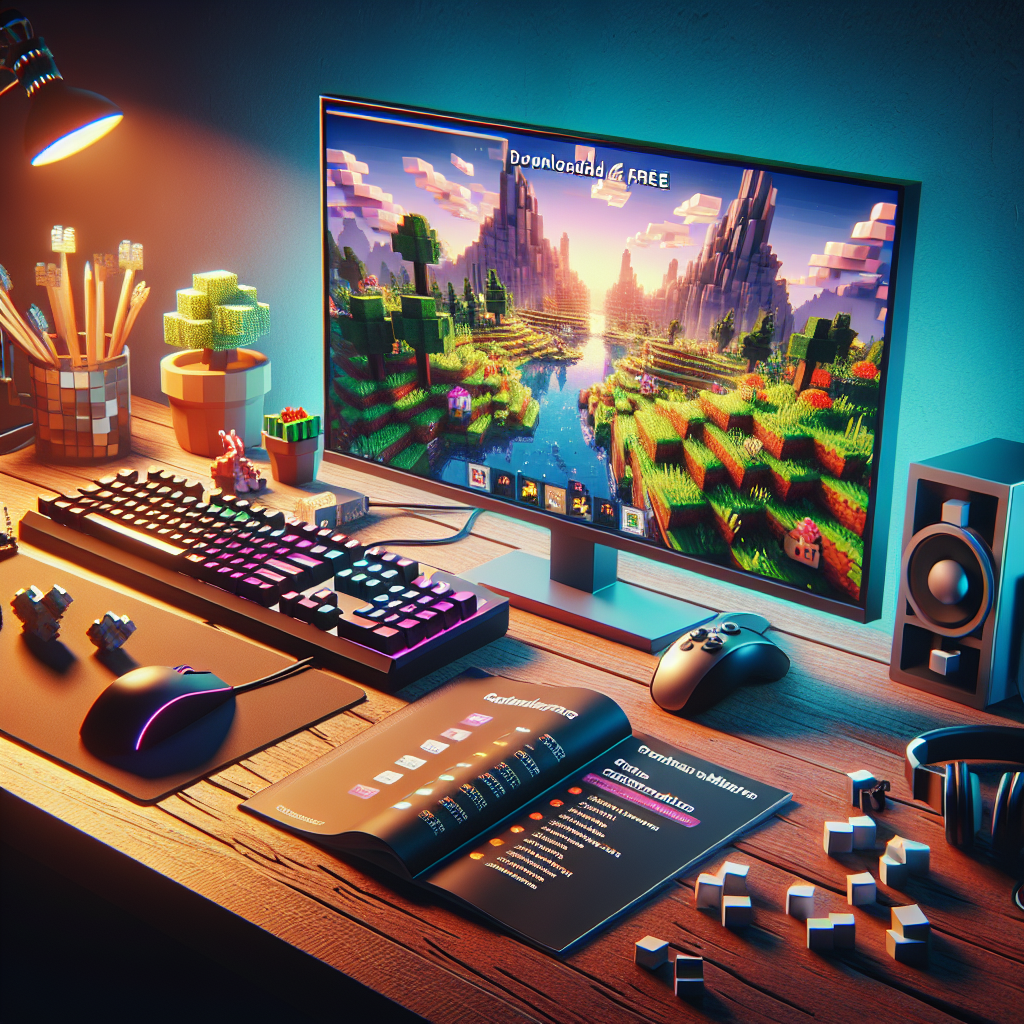 An image of a gaming setup with a computer screen displaying the pixelated style of a popular block-building game. The screen shows a vibrant landscape made of cubes with a selection of trees, lakes, and mountains. On the desk, there's a mouse, a keyboard, and a player's guide with major steps for downloading free applications highlighted. Around the station, add relevant gaming accessories such as headphones and a joystick. Ensure the image ambiance has a mid-evening glow with hints of adventure and curiosity. Please do not include any specific logos or copyrighted material in the scene.