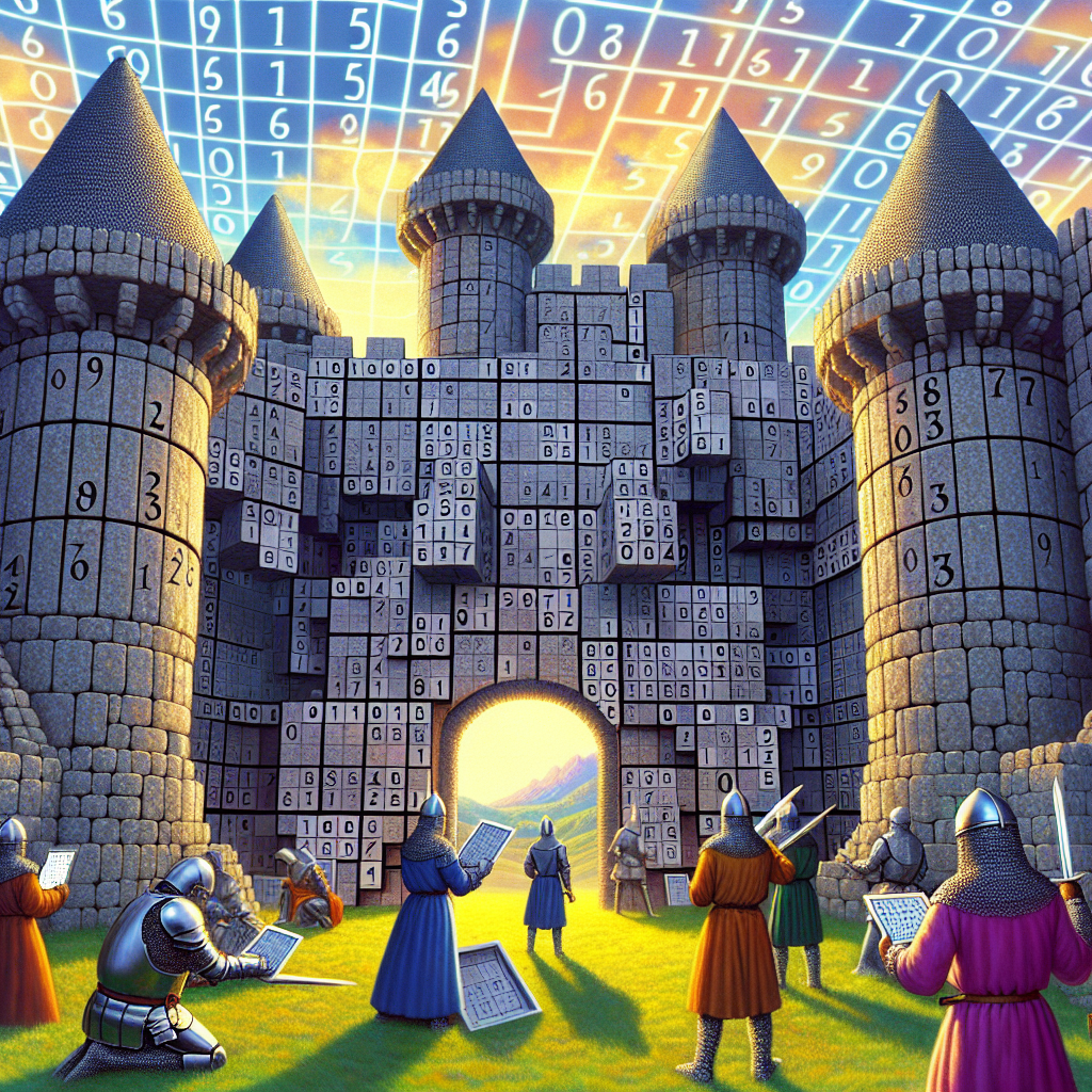Illustrate the digital realm of a kingdom dedicated to logic and numbers. Picture medieval castle towers, but instead of stone, they're constructed from large, tangible 3D Sudoku puzzles of varying complexity. Carved into the castle walls are grids filled with numbers in progression, with knights in chainmail armor, both men and women of different descents, pondering over these conundrums. The sky overhead is a matrix of binary code, representing the online aspect. Surrounding the castle, vibrant fields signify the enticing charm of this kingdom - The Sudoku Kingdom.
