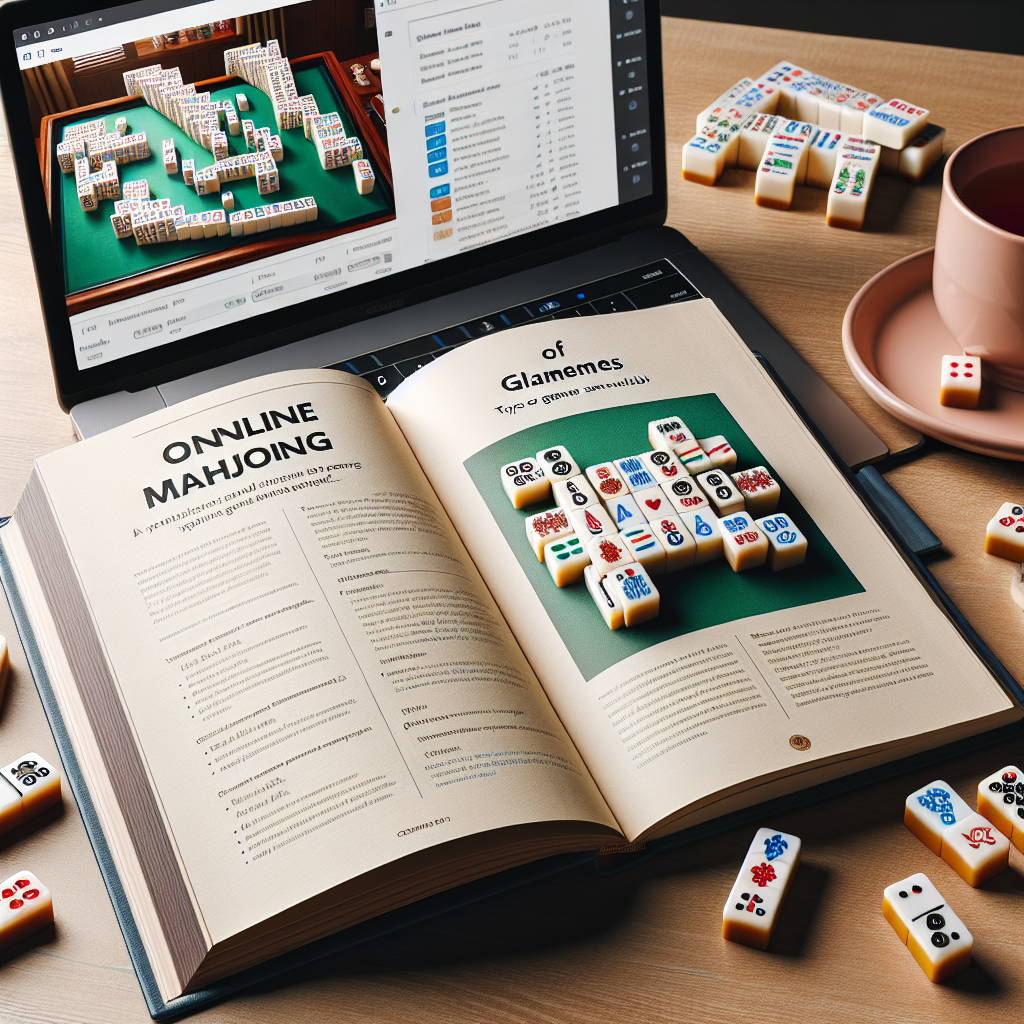 A detailed guide to online Mahjong games for free presented as an open book, with highlighted sections pertaining to gameplay basics, winning strategies, and types of games available. Adjacent to the book, display a laptop screen showcasing a lively online Mahjong game in progress with multicolored tiles. Set the scene on a desk with a cozy cup of tea, reflecting a relaxed environment for learning and playing the game.