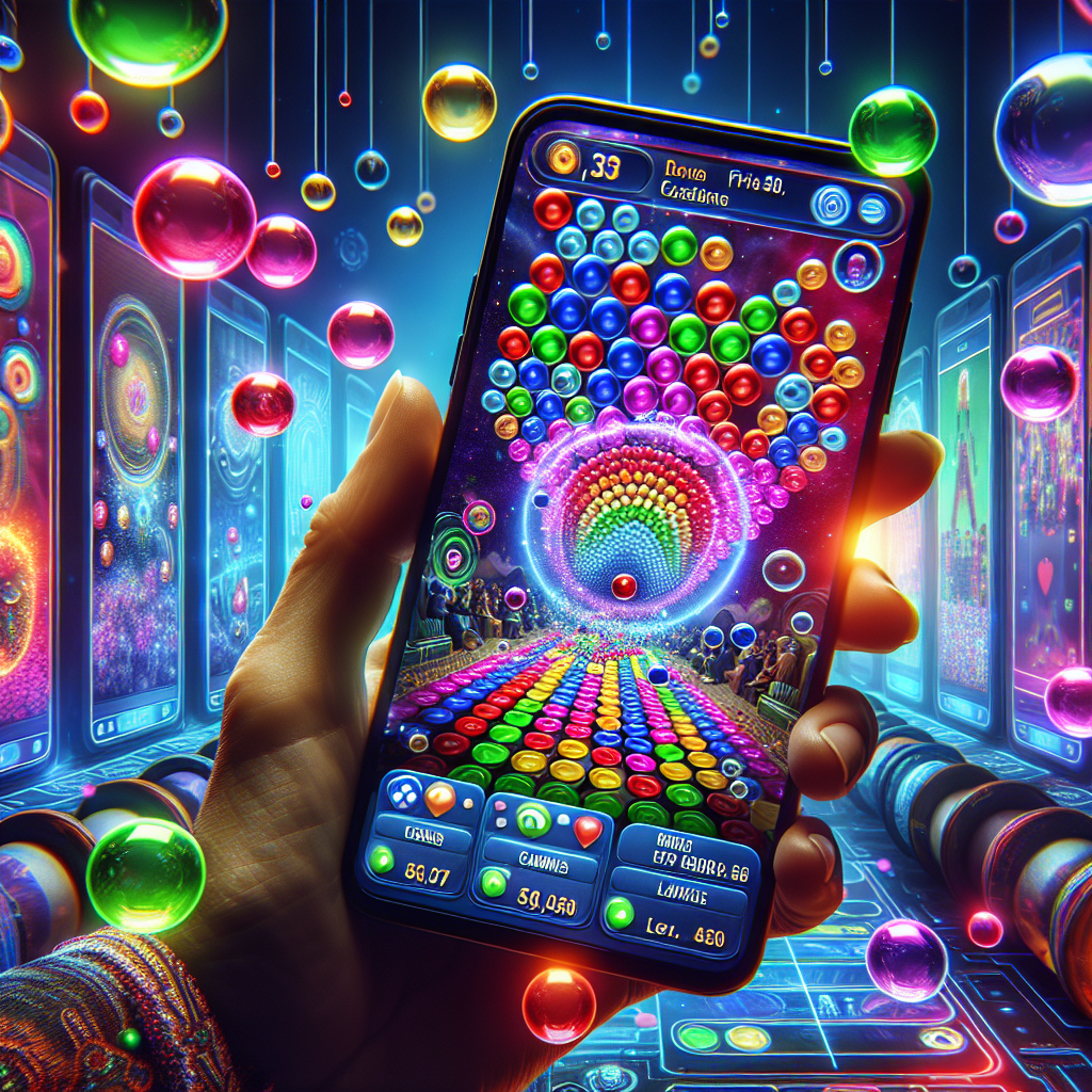 An engrossing image representing a variety of bubble shooter games. In the foreground, a hand-held device with a vibrant and colorful display of multi-colored circles, referencing the excited bubbles to be matched and popped in the game. The atmosphere around the device is digitally enhanced, mirroring the game's energetic, fun feel. In the backdrop, subtle traces of game schemes, level layouts, and players' scores. Amidst the lively gaming environment, users of various ages, genders, and descents partake in the enjoyment of the captivating bubble shooter games.