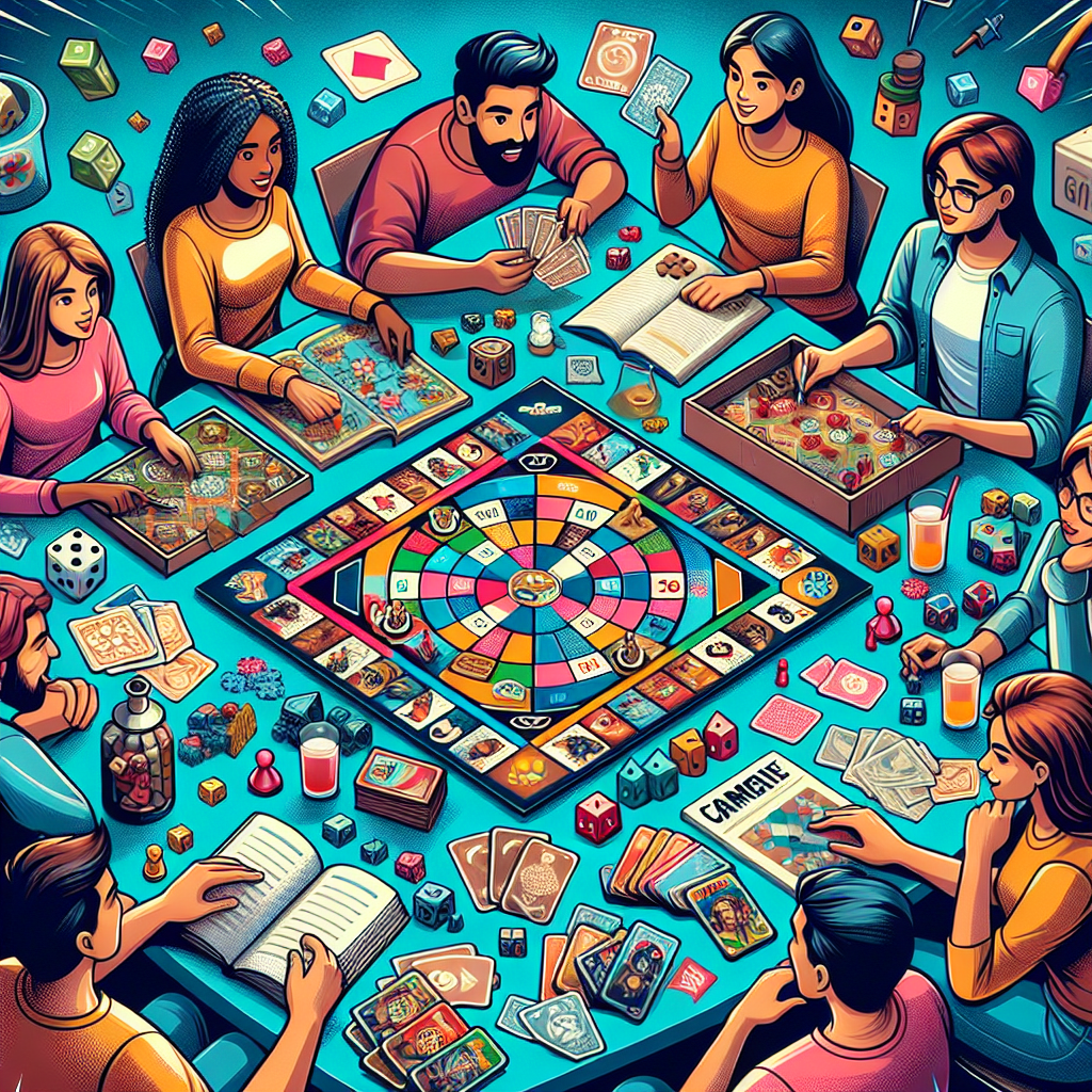 Illustration of various entertaining and engaging board games scattered on a table. Include options like mystery-solving, stratagem and trivia games, with game pieces, cards and dice strewn about to create a vibrant scene of fun and amusement. Make sure to depict a diverse group of teenagers and adults, Caucasian, Black, Middle-Eastern, South Asian, and Hispanic, each engrossed in the games. The ambiance should be full of lively interaction and the air filled with exhilaration.