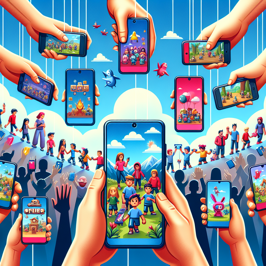 Visualize a scene representing the joy and excitement of playing offline games on a mobile phone. Portray a diverse set of hands holding different types of smartphones, with screens displaying vibrant, engaging, and adventurous offline games. Include a variety of age groups to signify that these games cater to all. The background could feature small, animated figures depicting characters from the games, enjoying their offline adventure, alluding to the fact that no internet connection is required.