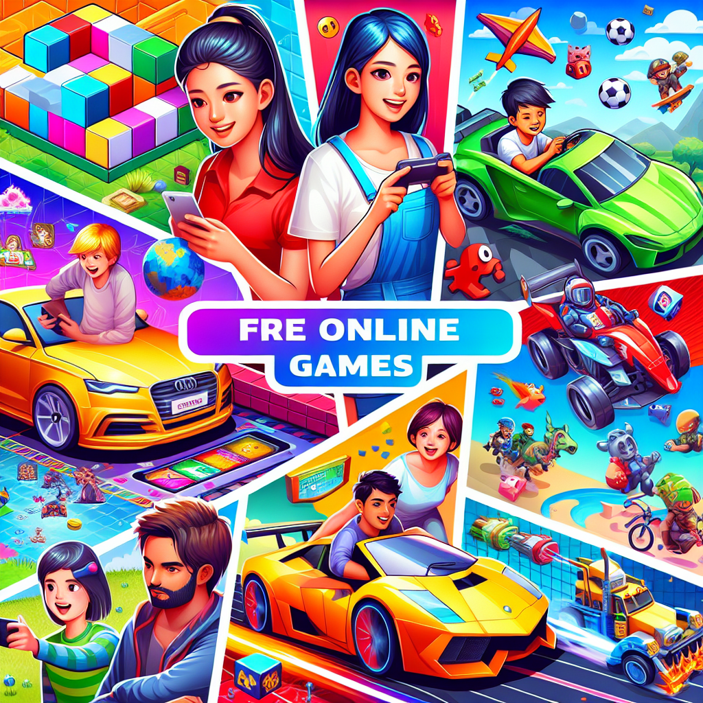 A colorful depiction of various exciting, free online games. Showcase the diverse types of games such as puzzles, racing, shooting, adventure, and sports games. Include elements such as a 3D puzzle being solved by a South Asian girl, an action-packed racing game with a Hispanic boy driving, and a strategy game with a Middle-Eastern man planning a strategy. Create a sense of fun and thrill with bright color and energy.