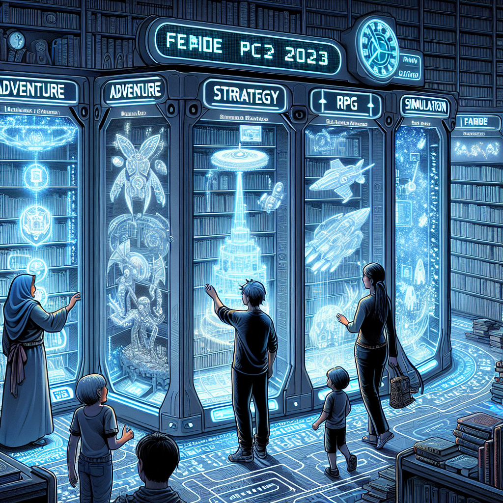 Concept illustration for a 2023 guide about the best free PC games: Imagine finding an intricately detailed, futuristic, digital library with glowing shelves of interactive holograms. Each hologram represents a different PC game genre (such as adventure, strategy, RPG, simulation) and has visually obvious cues, like a knight for RPG or a spaceship for science fiction. There's a digital clock showing year 2023 on the library wall. A young East Asian male librarian is assisting a Middle-Eastern woman towards the adventure shelf, while a South Asian boy is joyously exploring the simulation section.
